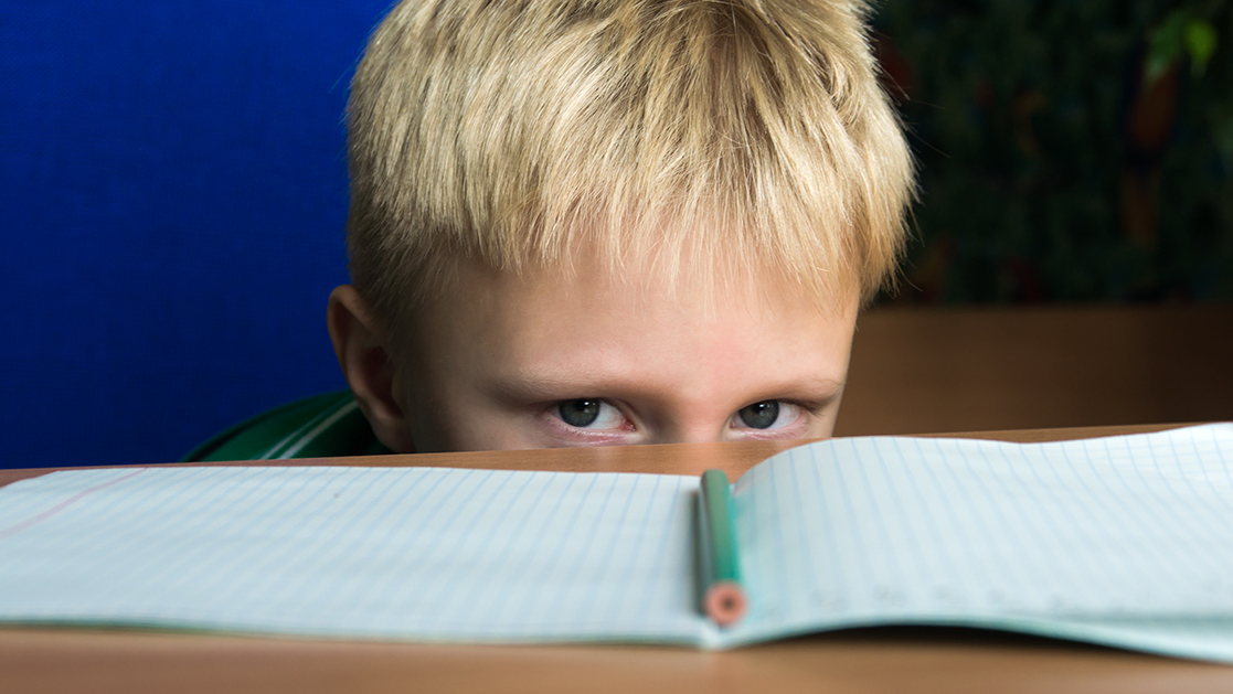 Liten lyshåret gutt som titter på en tom kladdebok (foto: Colourbox)