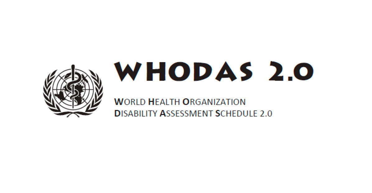 Svart tekst på hvit bakgrunn: WHODAS 2.0